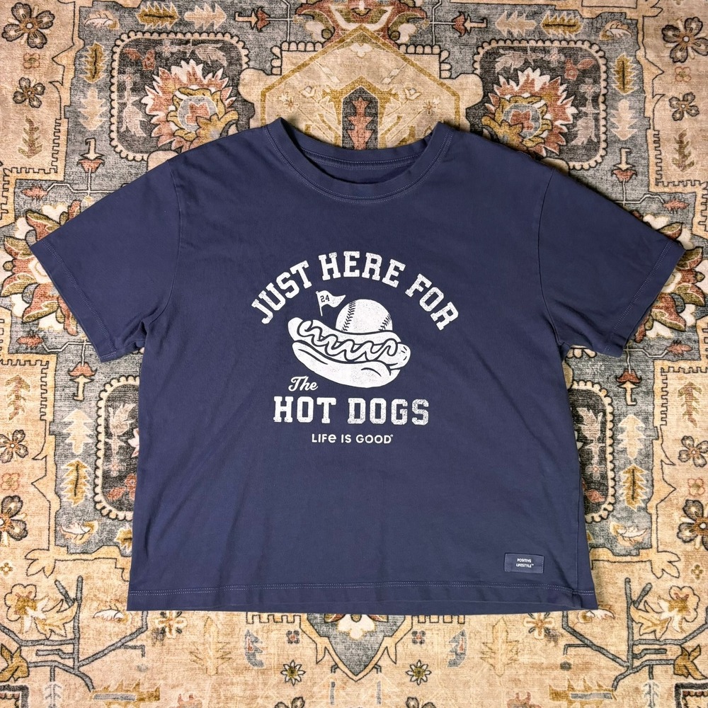 Life is Good Navy Hot Dog Baseball Graphic Cotton T-Shirt Mom Game Day Sz Small